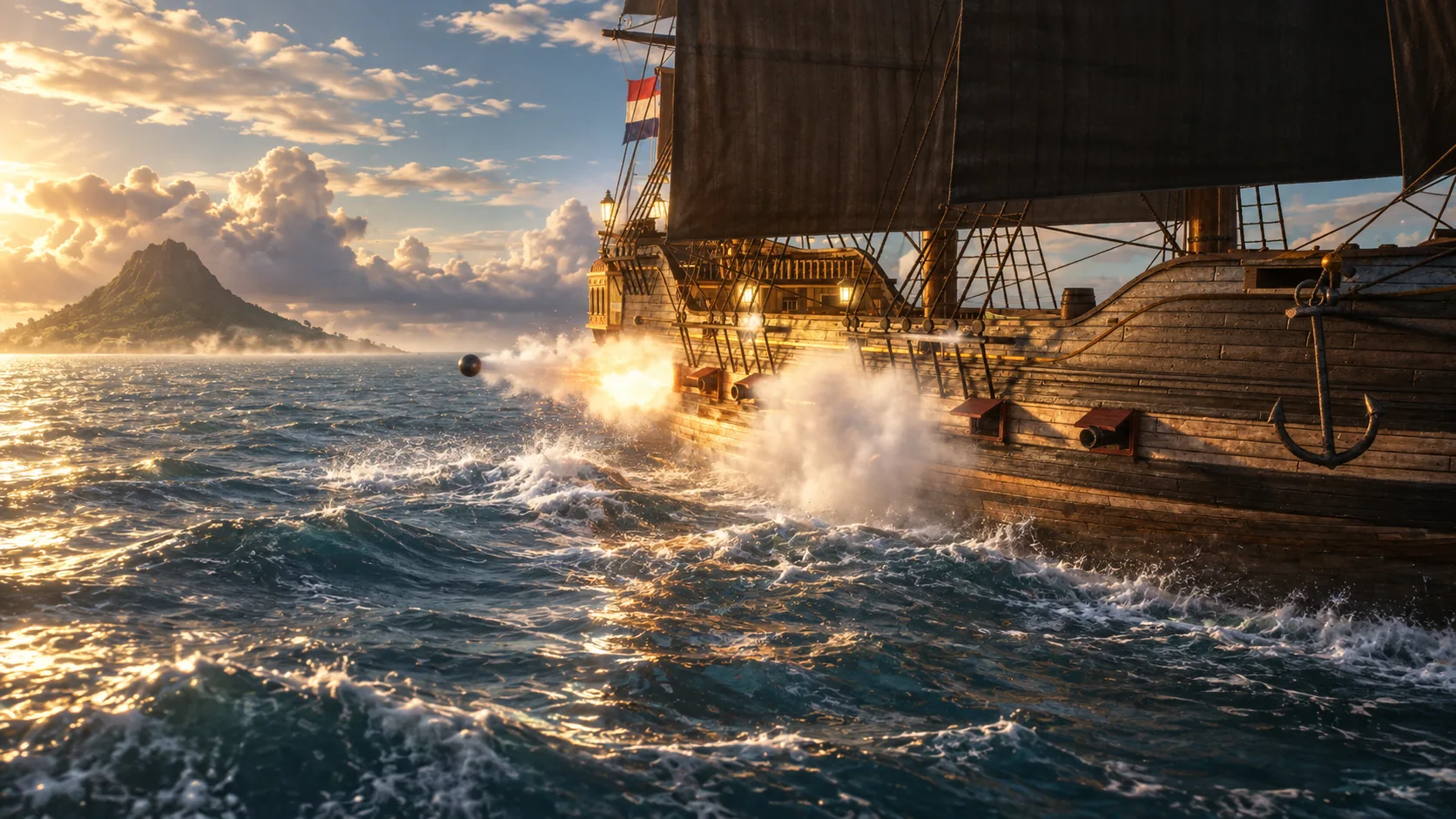 A warship fires its cannons over the Caribbean sea