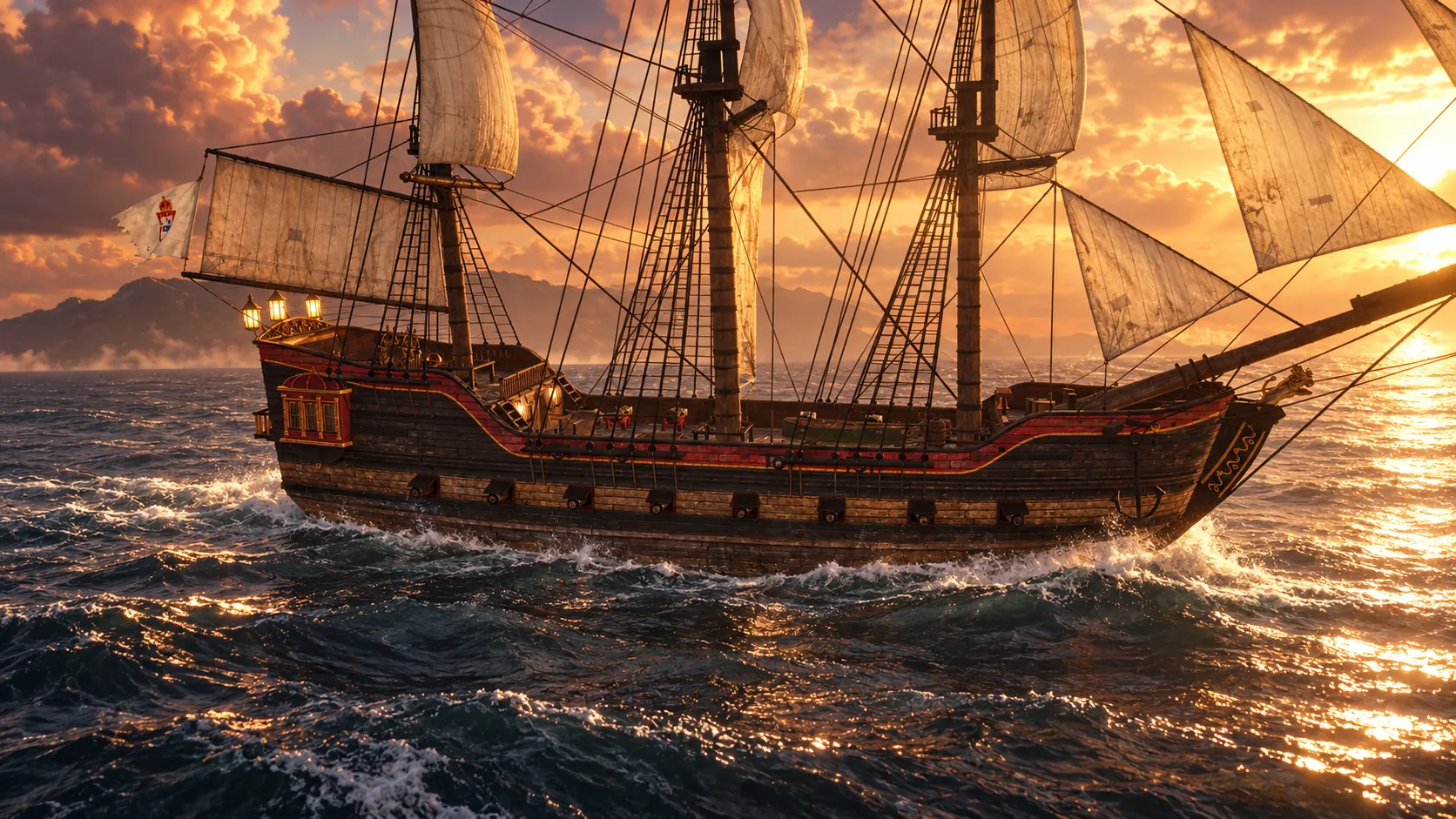 A sailing warship catches the last light over the sea